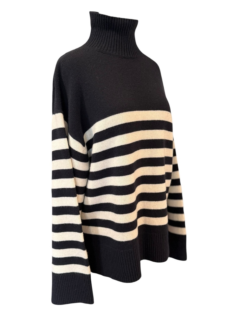 Theory Stripe Felted Wool Cashmere Turtleneck Sweater Navy Ivory Large NWT - Picture 3 of 13